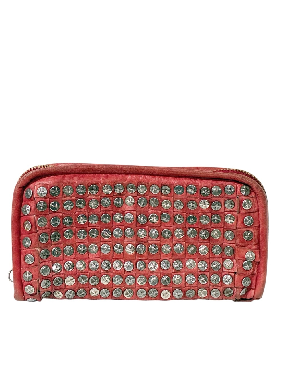 Platania Wallet Red Italian Leather Woven Studded Wristlet Clutch